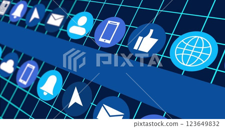 Social media and communication icons image over blue grid background Social media and communication icons image over blue grid background 123649832