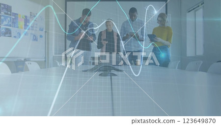 Image of financial data processing over diverse business people in office 123649870
