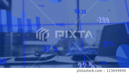 Image of blue charts and processing data over office with cityscape view Image of blue charts and processing data over office with cityscape view 123649940