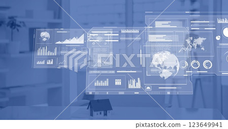 Image of interface charts processing data over interior with cityscape view 123649941