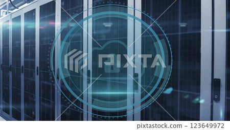 Image of cyber security text and scanner with cloud with padlock icon over server room 123649972