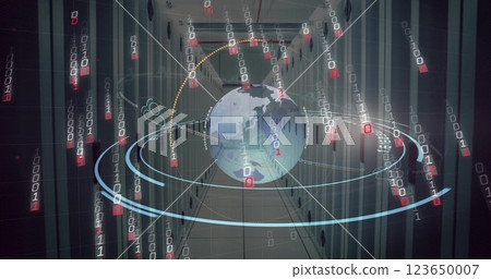 Image of digital data processing, binary coding and globe over computer servers Image of digital data processing, binary coding and globe over computer servers 123650007
