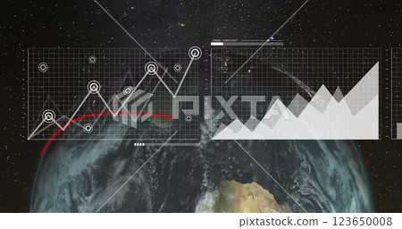 Image of digital data processing over globe on dark background Image of digital data processing over globe on dark background 123650008