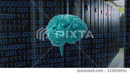 Image of human brain and binary coding data processing over computer servers 123650042