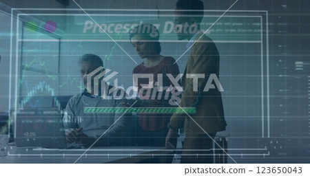 Image of financial data processing over diverse business people in office Image of financial data processing over diverse business people in office 123650043