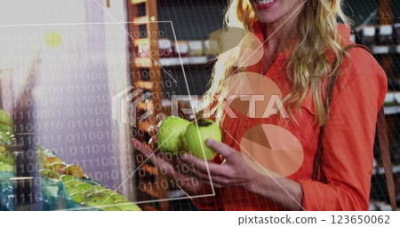 Image of data processing and diagrams over caucasian woman picking vegetables Image of data processing and diagrams over caucasian woman picking vegetables 123650062