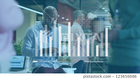 Image of data processing and diagrams over diverse colleagues during break in office 123650086