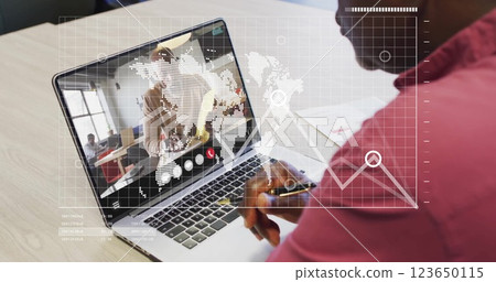 Image of financial data processing over african american man on laptop video call 123650115