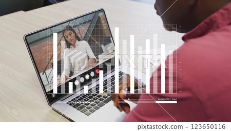 Image of financial data processing over african american man on laptop video call 123650116