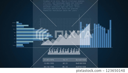 Image of data processing and diagrams over black background 123650148