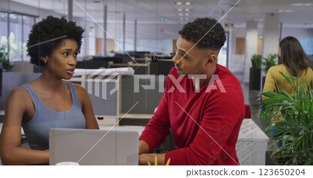 Image of data processing and diagrams over diverse colleagues discussing work Image of data processing and diagrams over diverse colleagues discussing work 123650204