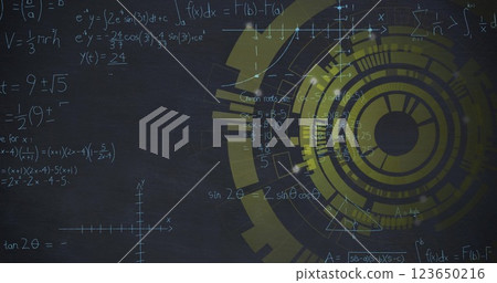 Image of yellow circular scanner processing over mathematical equations on dark background 123650216