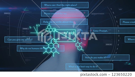 Scientific formulas and questions over image of human head and molecular structures Scientific formulas and questions over image of human head and molecular structures 123650220