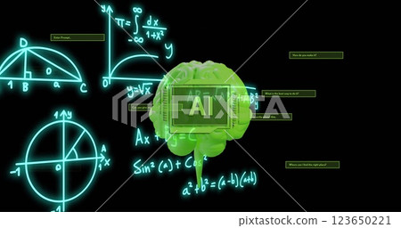 Mathematical equations and graphs over green brain image, representing artificial intelligence Mathematical equations and graphs over green brain image, representing artificial intelligence 123650221