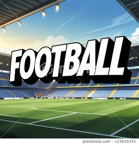 Football text over modern stadium with green field and blue seats.  123650243