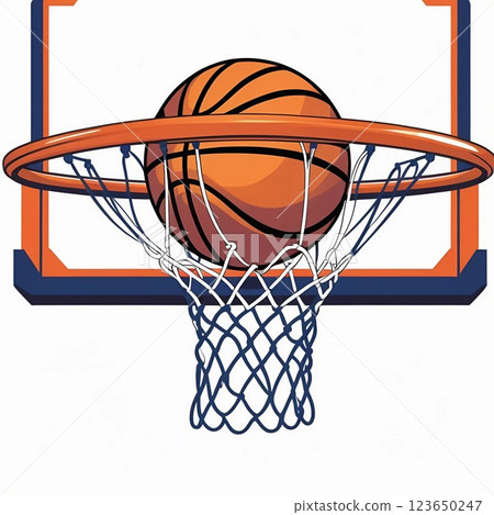 Basketball stuck in hoop on backboard in artistic style.  123650247