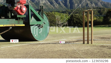 Image of social media notifications over roller on sunny cricket pitch 123650296