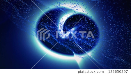 Image of glowing light spots and blue mesh over black background 123650297