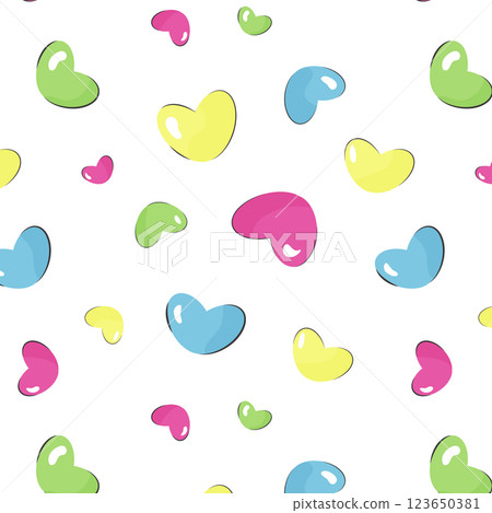 Colorful hearts seamless pattern on white background. Pink, blue, yellow, and green hearts on white. Pattern for fabrics, textile, background, bedding, covering, and e.t.c. 123650381