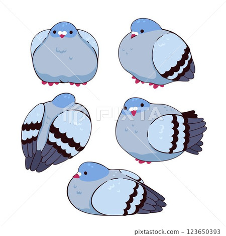 Set of fluffy fat cute pigeons. Vector graphics. 123650393
