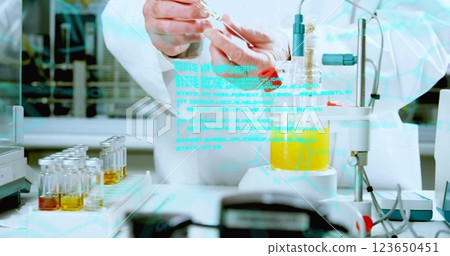 Image of data processing and chemical formula over caucasian male scientist taking sample Image of data processing and chemical formula over caucasian male scientist taking sample 123650451