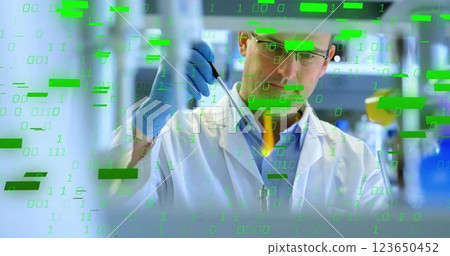 Image of binary coding and shapes over caucasian male scientist doing experiment in lab 123650452