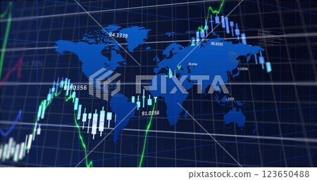 Financial data and stock market trends image over world map 123650488
