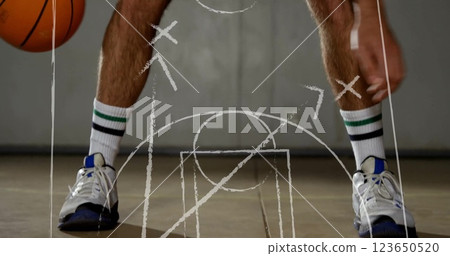 Basketball strategy image over player dribbling ball on court 123650520