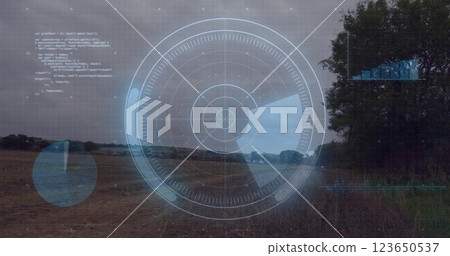 Radar scanning image over rural landscape with trees and cloudy sky Radar scanning image over rural landscape with trees and cloudy sky 123650537