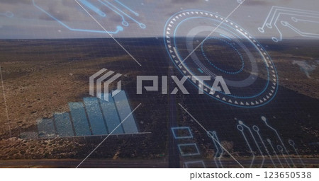 Digital interface elements and data processing image over aerial view of landscape 123650538