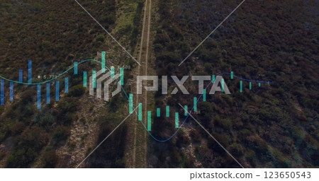 Financial graph and data analysis image over aerial view of rural landscape Financial graph and data analysis image over aerial view of rural landscape 123650543