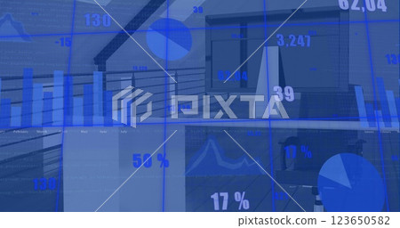 Image of digital data processing over desk in office Image of digital data processing over desk in office 123650582