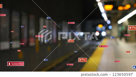 Image of social media notifications over train pulling into city station 123650597