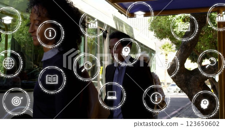 Image of media and communication icons over diverse commuters getting on and off bus Image of media and communication icons over diverse commuters getting on and off bus 123650602
