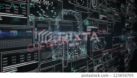 Image of digital data processing and padlock on dark background 123650705