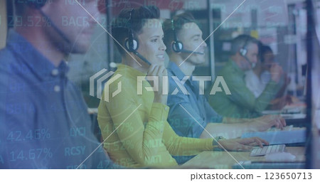 Image of financial data processing over diverse colleagues using phone headsets in office Image of financial data processing over diverse colleagues using phone headsets in office 123650713