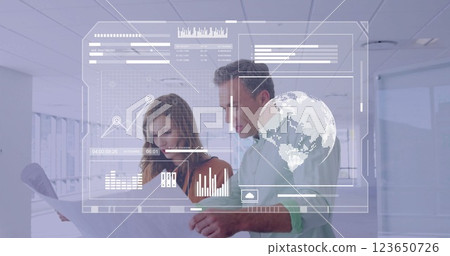 Image of financial data processing over diverse business people in office 123650726