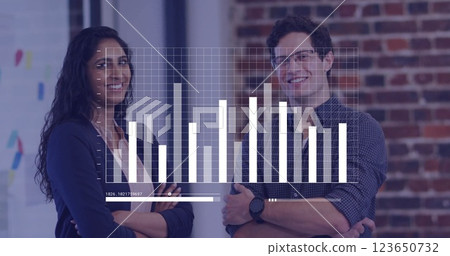 Image of financial data processing over diverse business people in office Image of financial data processing over diverse business people in office 123650732