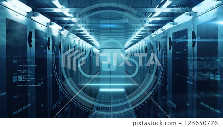 Image of data processing and scope scanning with security symbols over server room 123650776