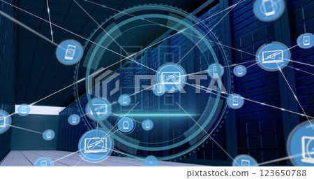 Image of media icons and scope scanning with qr code over server room 123650788