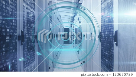 Image of light spots and scope scanning with security symbols over server room 123650789