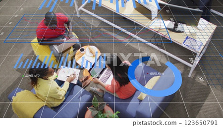 Image of financial data processing over diverse businesspeople in office 123650791