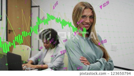 Image of financial data processing over diverse businesspeople in office Image of financial data processing over diverse businesspeople in office 123650794