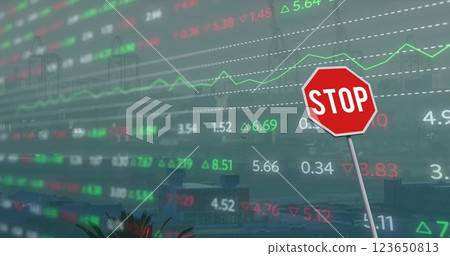 Image of financial data processing over stop road sign and city 123650813