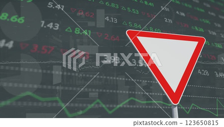 Image of financial data processing over no entry road sign and city Image of financial data processing over no entry road sign and city 123650815