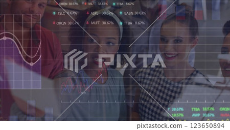 Image of data processing and diagrams over diverse colleagues discussing work in office Image of data processing and diagrams over diverse colleagues discussing work in office 123650894