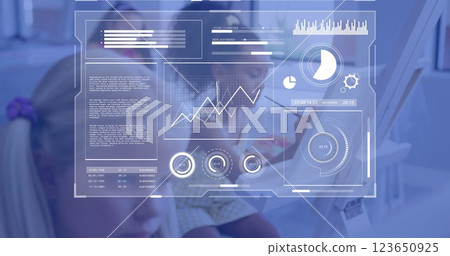 Image of interfaces with charts processing data over diverse schoolgirls painting in art class 123650925
