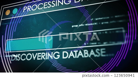 Image of data processing over spinning lines on black background Image of data processing over spinning lines on black background 123650941