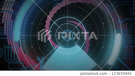 Image of scope scanning with computer circuit board over spinning lines on black background 123650942