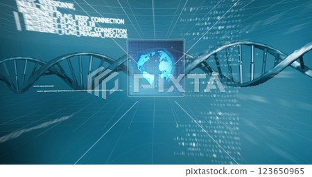Image of digital data processing, globe over dna strand 123650965